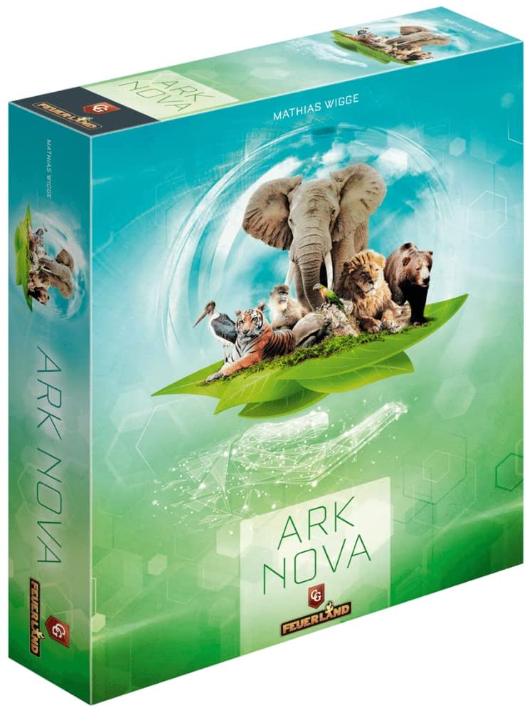 Box art for Ark Nova showing a modern zoo enclosure with elephants and lush landscaping