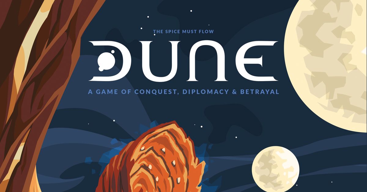 Box art for the 2019 Gale Force Nine edition of Dune showing a sandworm rising over the desert of Arrakis