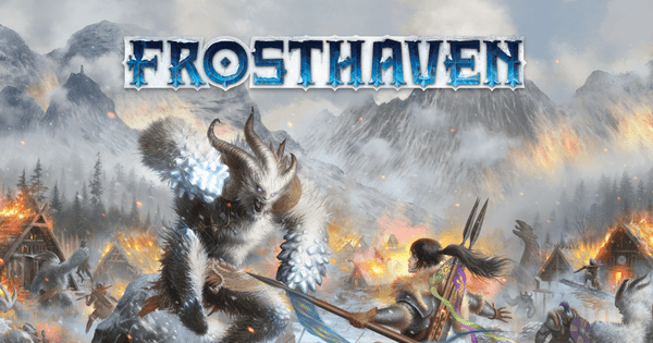 Box art for Frosthaven showing armored adventurers battling in a snow-covered ruin