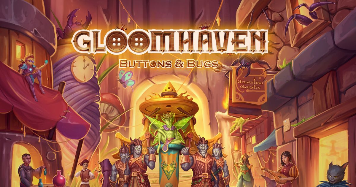 Box art for Gloomhaven: Buttons & Bugs showing a small woodland creature adventurer