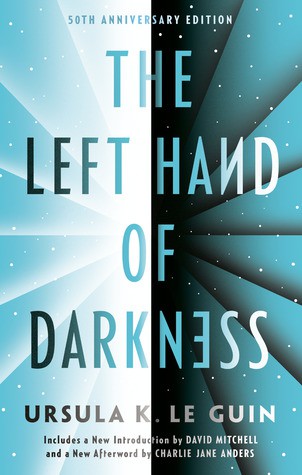 Cover of the 50th Anniversary Edition of The Left Hand of Darkness by Ursula K. Le Guin, split in two shades of blue