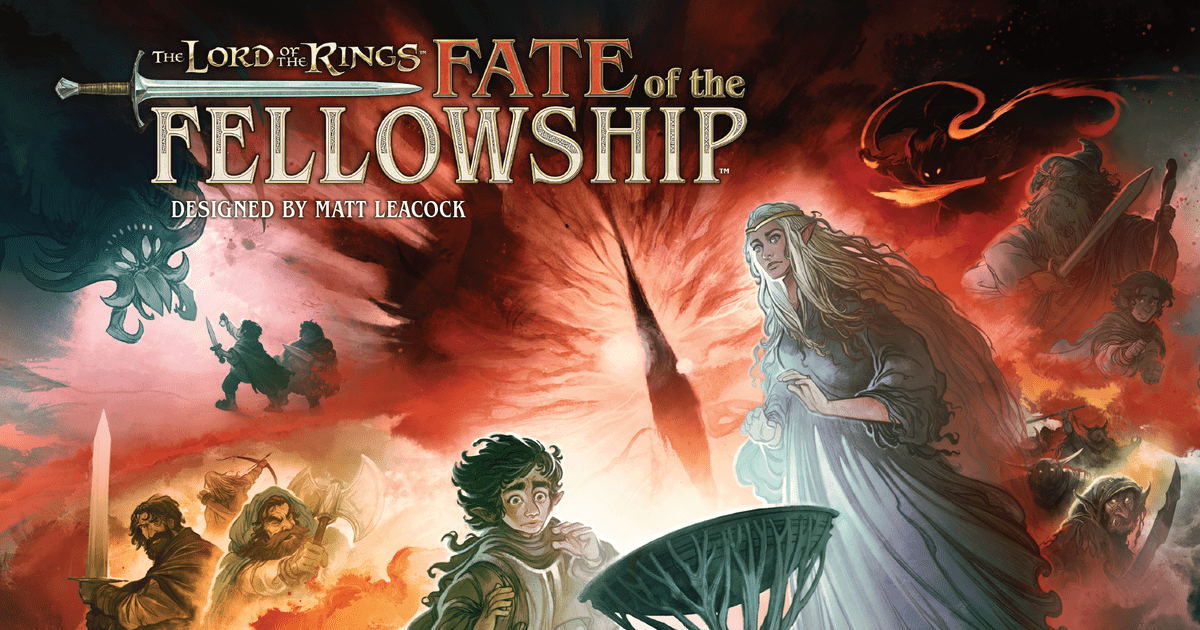 Box art for The Lord of the Rings: Fate of the Fellowship showing the fellowship silhouetted against a map of Middle-earth